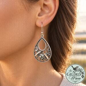 925 Sterling Silver CZ Marcasite Butterfly Teardrop Dangle Earrings 2 Inch